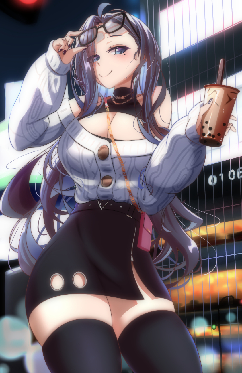 1girl, absurdres, adjusting_eyewear, ahoge, black-framed_eyewear, black_hair, black_nails, black_shirt