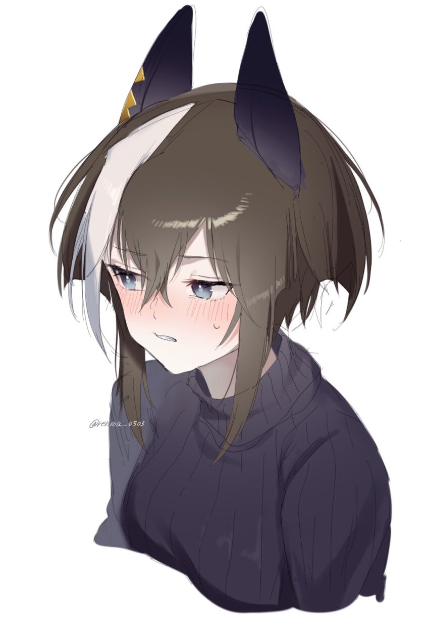 1girl, alternate_costume, animal_ears, black_sweater, blush, brown_hair, cheval_grand_(umamusume), clenched_teeth, cropped_torso, ear_covers, grey_eyes, hair_between_eyes, highres, horse_ears, long_sleeves, looking_to_the_side, medium_hair, multicolored_hair, renma_(renma_0503), simple_background, solo, streaked_hair, sweatdrop, sweater, teeth, twitter_username, umamusume, upper_body, white_background