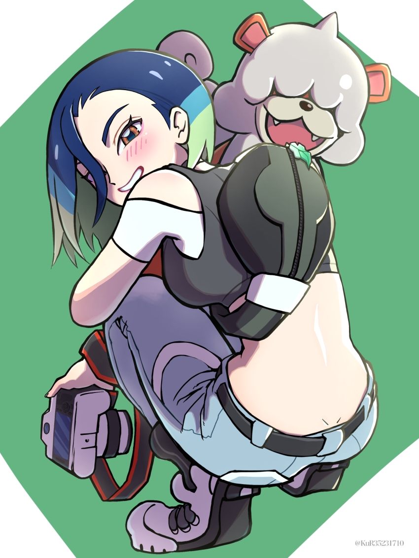 1girl, absurdres, aruke_(gter7727), backpack, bag, belt, black_belt, blue_hair, blush, camera, commentary_request, eyelashes, green_background, grey_vest, grin, highres, hisuian_growlithe, holding, holding_camera, nintendo, off-shoulder_shirt, off_shoulder, on_shoulder, pants, perrin_(pokemon), pokemon, pokemon_(creature), pokemon_on_shoulder, pokemon_scarlet_and_violet, shirt, shoes, short_hair, smile, squatting, teeth, vest, white_footwear, white_shirt, zipper