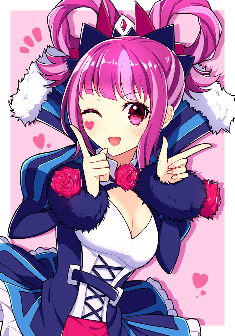 1girl, :d, breasts, cleavage, cleavage_cutout, clothing_cutout, crown, dress, fire_emblem, fire_emblem_engage, flower, fur_trim, hair_rings, hortensia_(fire_emblem), kanemitsu411, long_sleeves, looking_at_viewer, nintendo, one_eye_closed, open_mouth, pink_eyes, pink_hair, rose, small_breasts, smile, solo