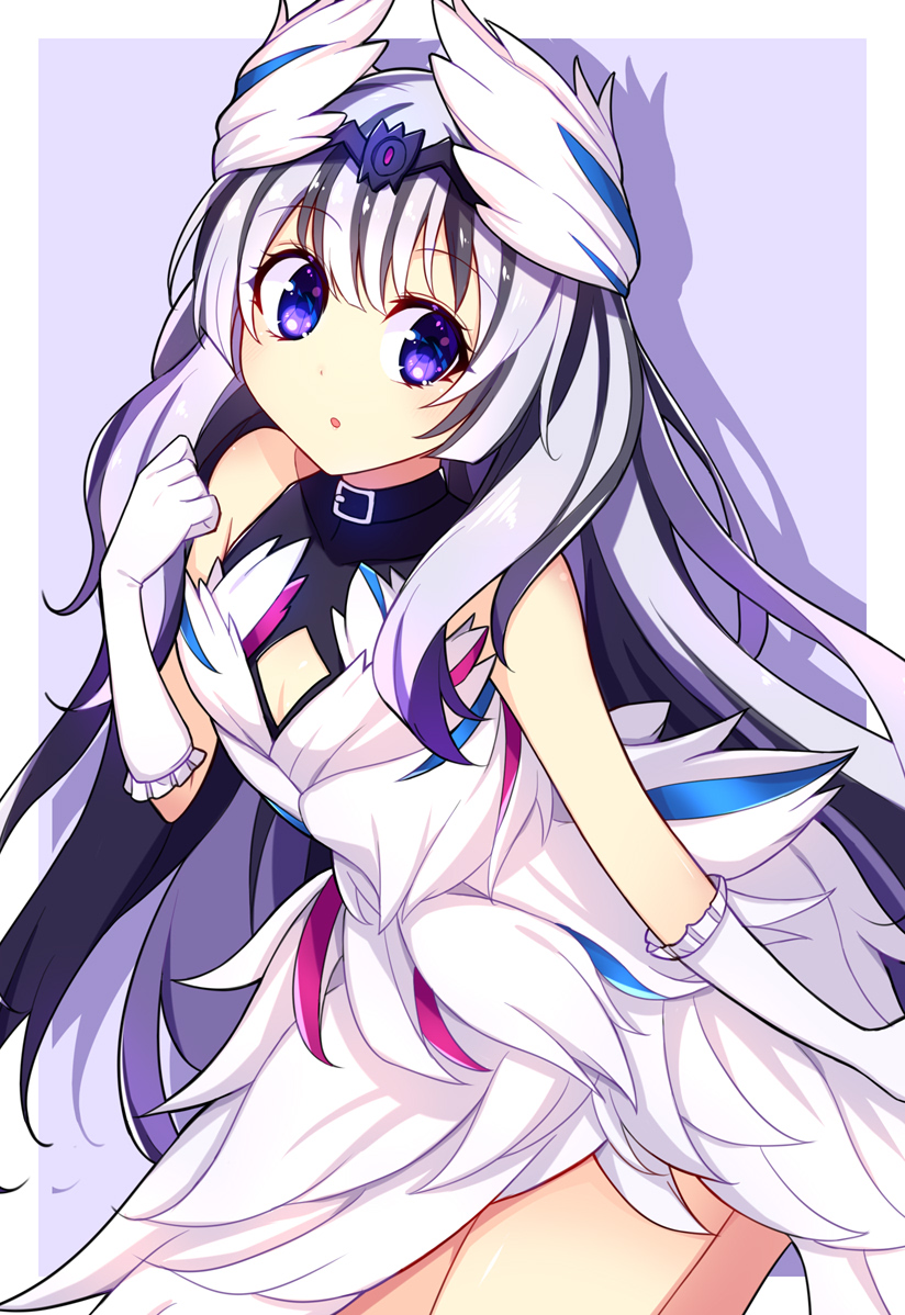 1girl, black_hair, breasts, cleavage_cutout, clothing_cutout, dress, elbow_gloves, feather_hair_ornament