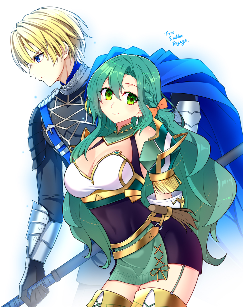 1boy, 1girl, armor, black_gloves, blonde_hair, blue_cape, blue_eyes, braid