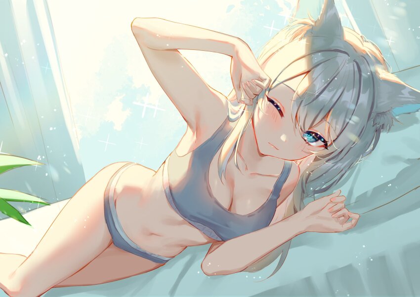 aarontsay, animal_ear_fluff, animal_ears, armpits, bed, breasts, calvin_klein, cat_girl