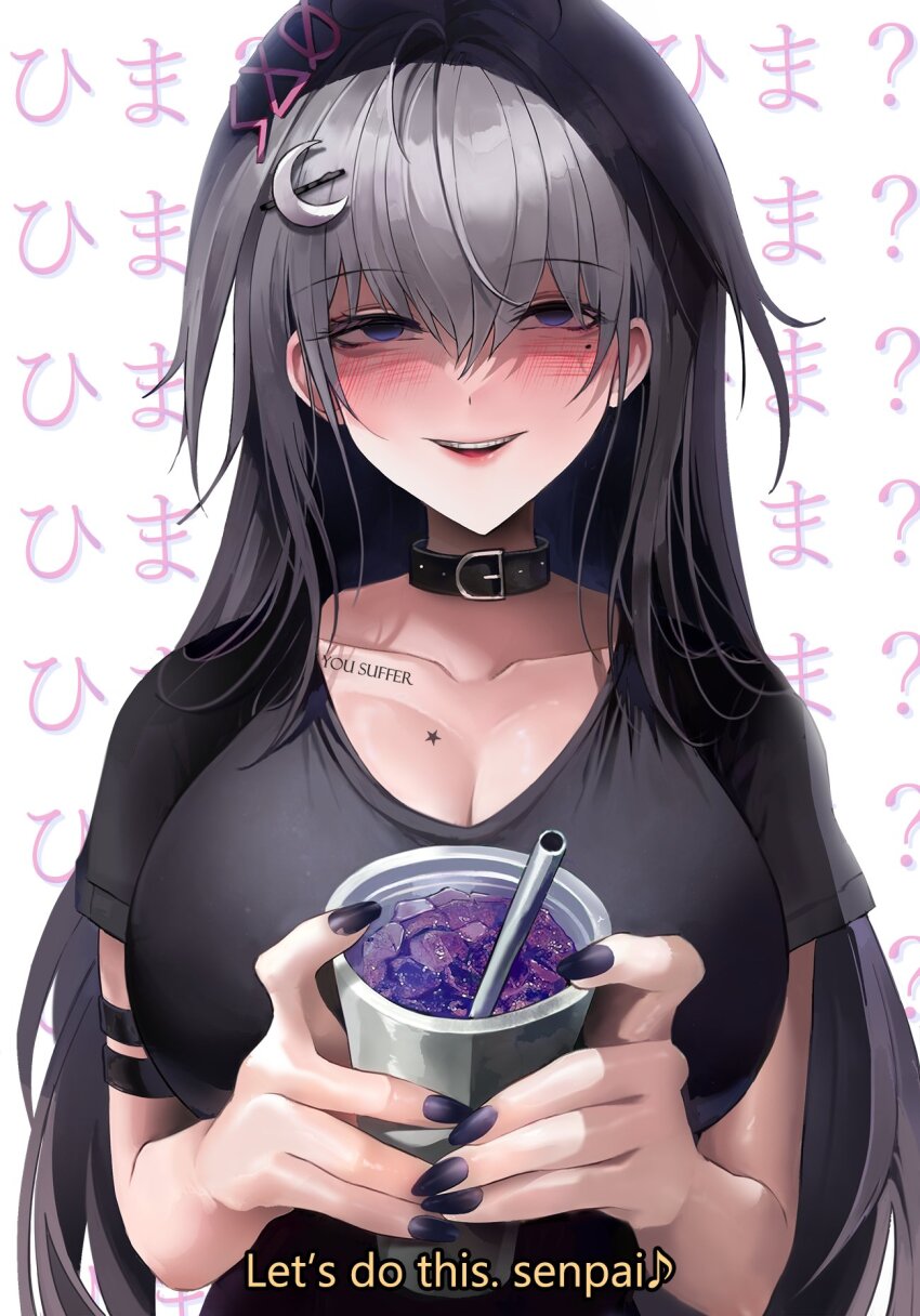 1girl, ?, artist_name, black_choker, black_nails, black_shirt, blue_eyes, breast_tattoo, breasts, choker, cleavage, commentary, corruption, cup, drinking_straw, english_commentary, english_text, hair_ornament, havoc-chan, highres, huge_breasts, large_breasts, lean_(drink), long_hair, moon_hair_ornament, original, shirt, star_(symbol), star_tattoo, subtitled, suou-sensei, tattoo, translation_request, upper_body, white_background