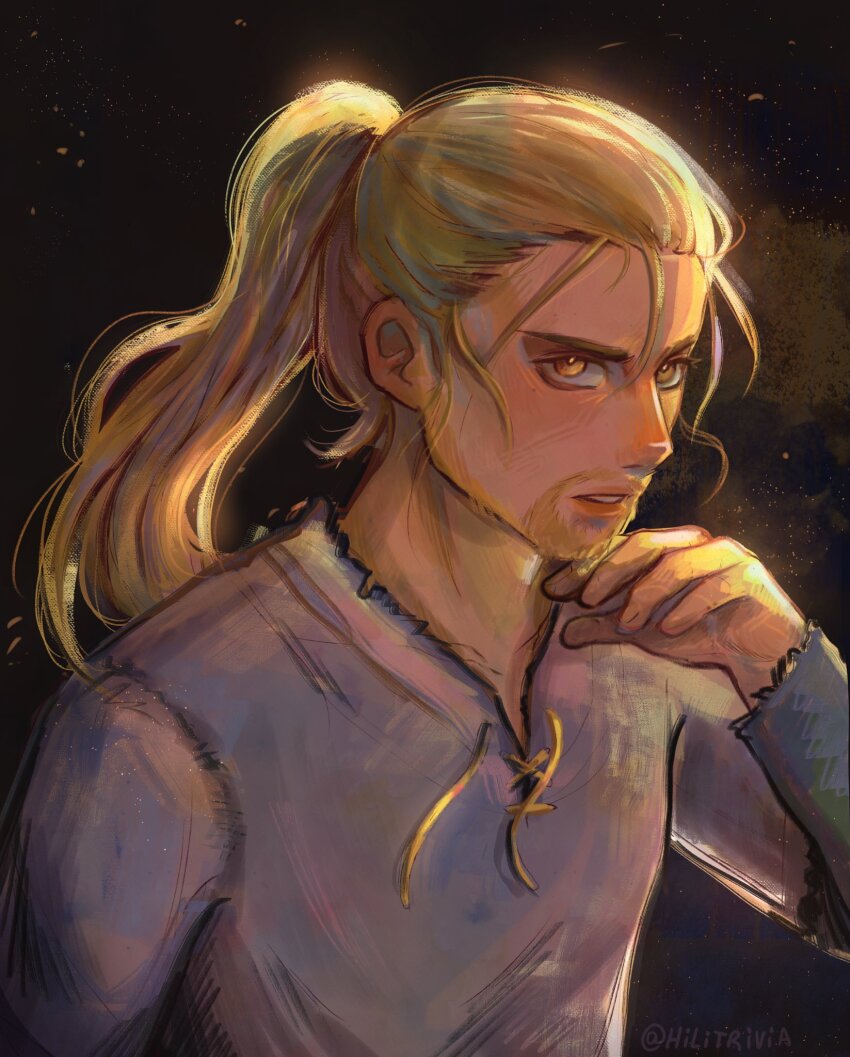 1boy, beard, blonde_hair, brown_eyes, facial_hair, hand_up, highres, hilitrivia