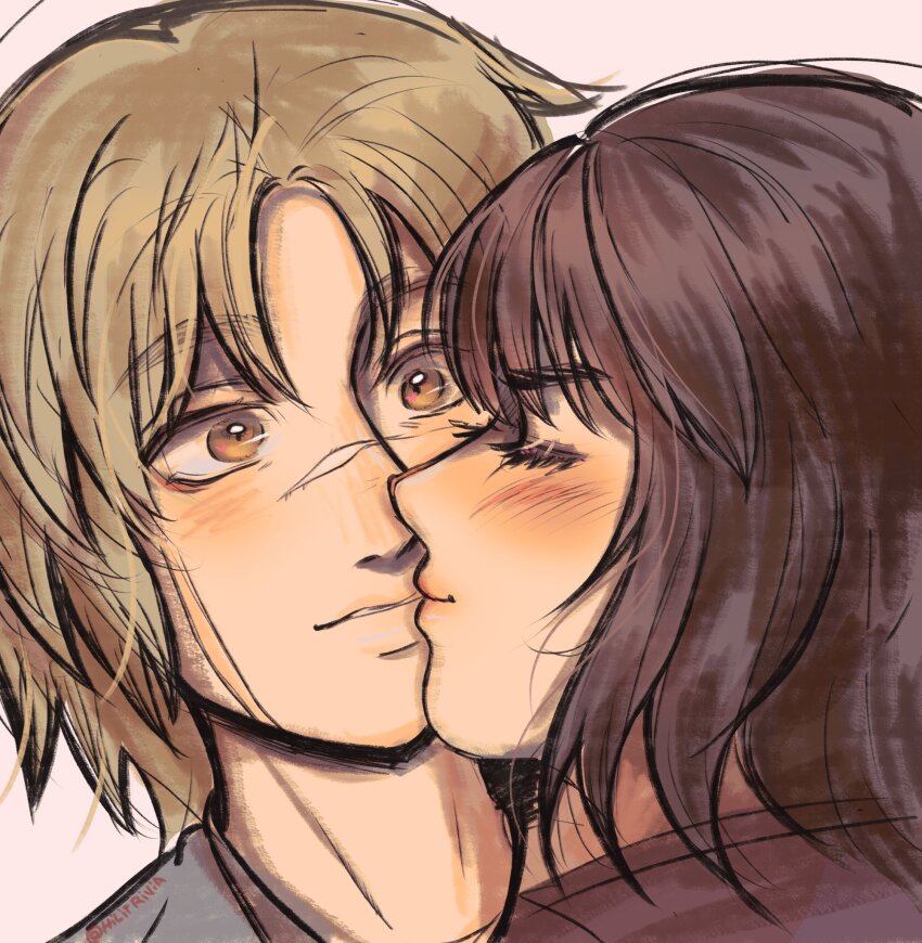 1boy, 1girl, blush, brown_eyes, closed_eyes, eyebrows, eyebrows_hidden_by_hair, eyelashes