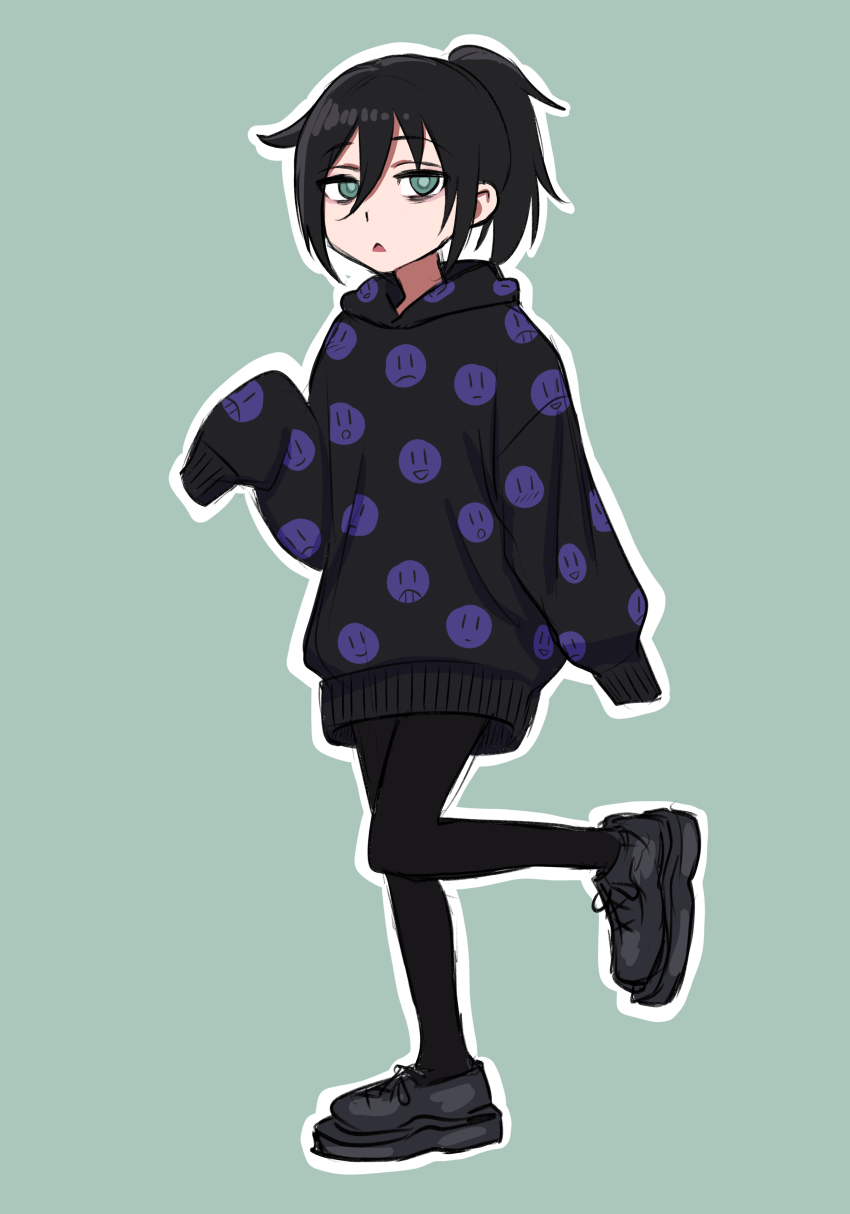 1girl, absurdres, bags_under_eyes, black_hair, black_hoodie, black_pantyhose, black_shoes, commentary