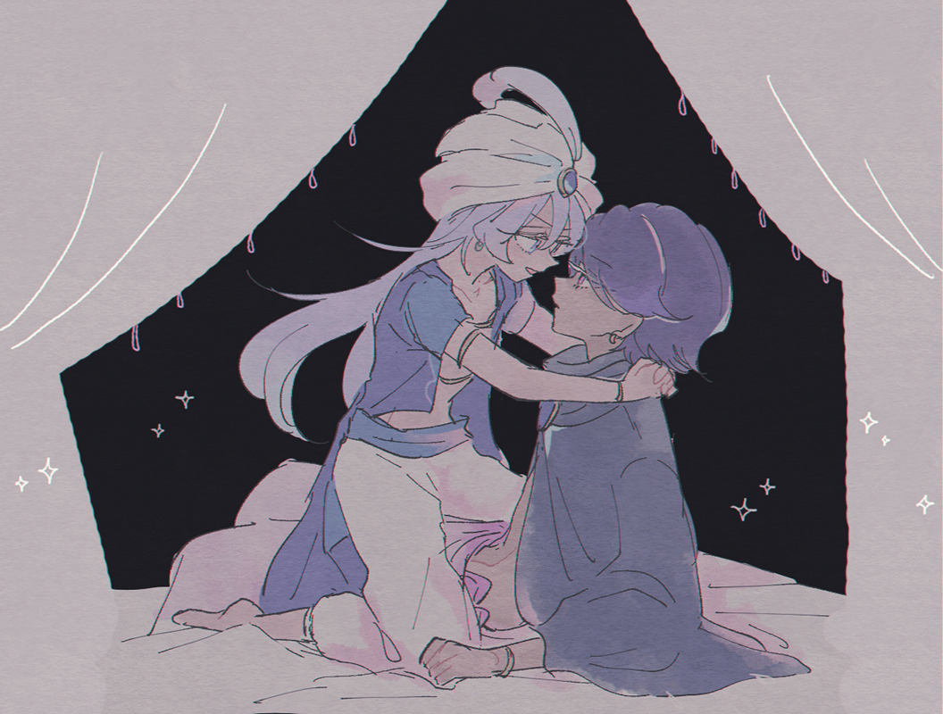 2boys, arabian_clothes, bed, cookie_run, cookie_run:_ovenbreak, dark-skinned_male, dark_skin, gem