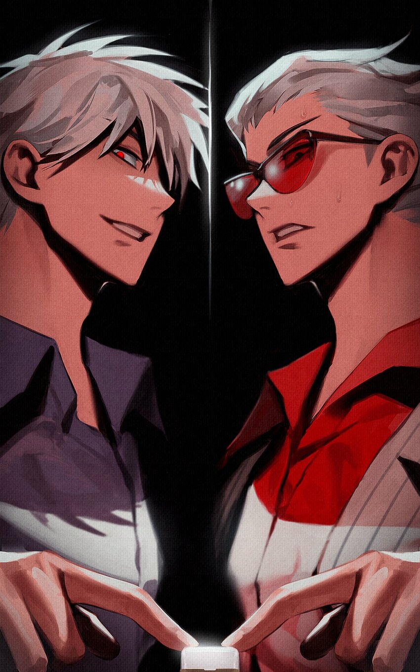 2boys, akagi:_yami_ni_oritatta_tensai, akagi_shigeru, black-framed_eyewear, black_background, collared_shirt, commentary_request, fukumoto_mahjong