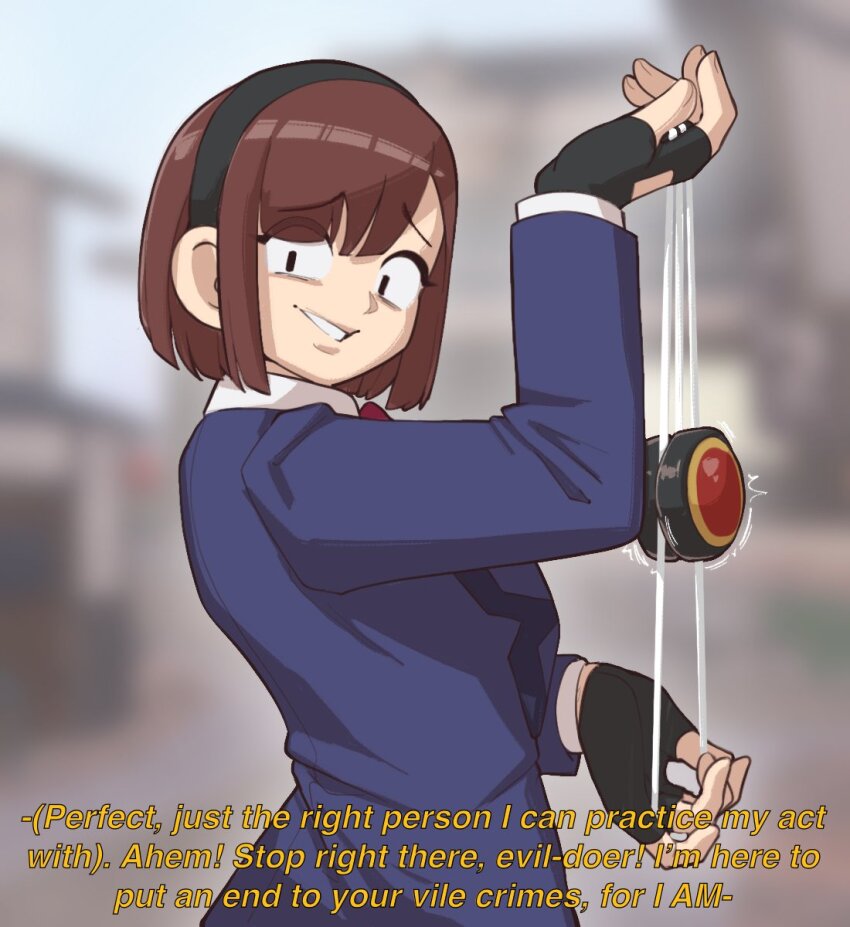 1girl, black_gloves, brown_hair, crazy_eyes, english_text, fingerless_gloves, gloves, grin, hairband, highres, komi-san_wa_komyushou_desu, nudiedoodles, sasaki_ayami, smile, solo, speech_bubble, upper_body, yo-yo