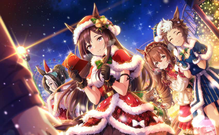 1boy, 5girls, ahoge, alternate_costume, alternate_hairstyle, belt, blush, breasts, closed_eyes, closed_mouth, fingerless_gloves, gloves, hair_between_eyes, hair_ornament, lamppost, long_hair, looking_at_viewer, medium_breasts, mejiro_bright_(starry_snow_lolita)_(umamusume), mejiro_bright_(umamusume), mejiro_dober_(holy_night_to_change)_(umamusume), mejiro_dober_(umamusume), mejiro_palmer_(umamusume), mejiro_palmer_(warm-hearted_reindeer)_(umamusume), mejiro_ramonu_(umamusume), mejiro_ramonu_(winter_melting_fire)_(umamusume), mejiro_ryan_(choose_choose_and_put_your_thoughts_into_it)_(umamusume), mejiro_ryan_(umamusume), multiple_girls, official_art, open_mouth, purple_eyes, santa_costume, short_hair, sky, smile, star_(sky), starry_sky, twintails, umamusume, yellow_eyes