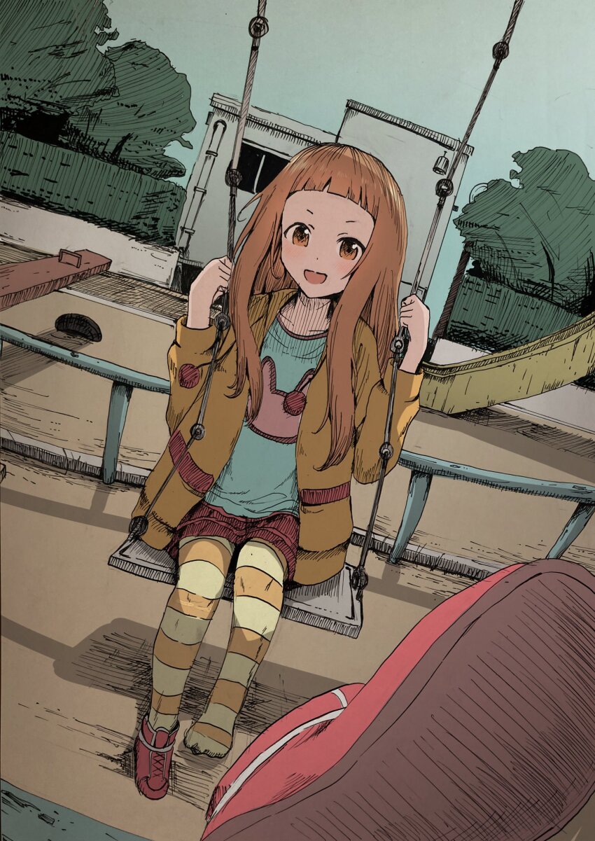 1girl, blue_shirt, blunt_bangs, brown_eyes, building, chain, child, dot_nose