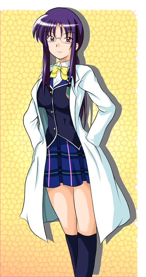 1girl, bespectacled, breasts, female_focus, glasses, gradient_background, hands_on_own_hips, lab_coat