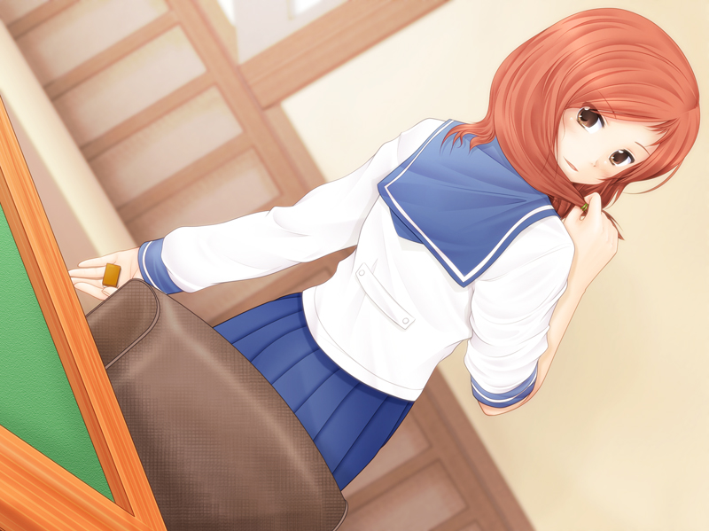 1girl, adjusting_hair, aiba_shiki, board_game, brown_eyes, dutch_angle, female_focus, holding, holding_mahjong_tile, looking_back, mahjong, mahjong_tile, pleated_skirt, red_hair, saki_(manga), school_uniform, serafuku, skirt, solo, takei_hisa