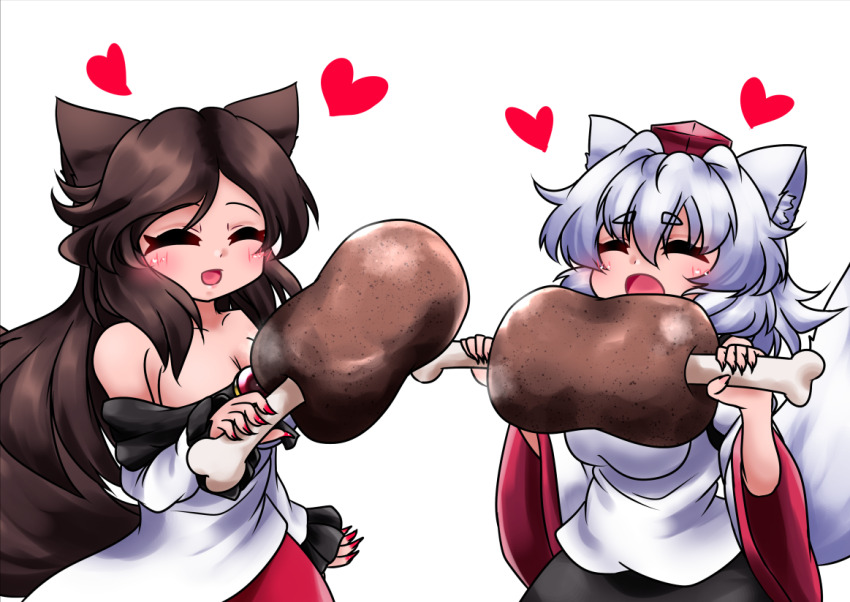 2girls, :d, animal_ear_fluff, animal_ears, black_skirt, blush, boned_meat, breasts