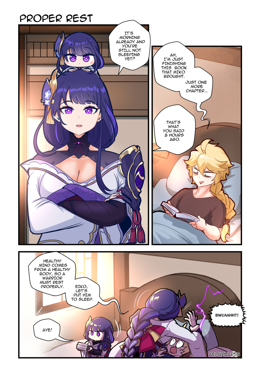 1boy, 1girl, absurdres, aepuru_arts, aether_(genshin_impact), artist_name, bags_under_eyes, black_shirt