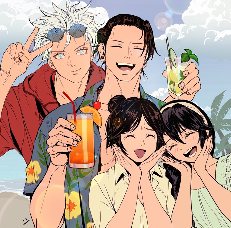 2boys, 2girls, amanai_riko, black_hair, blouse, blue_eyes, blue_shirt, blush