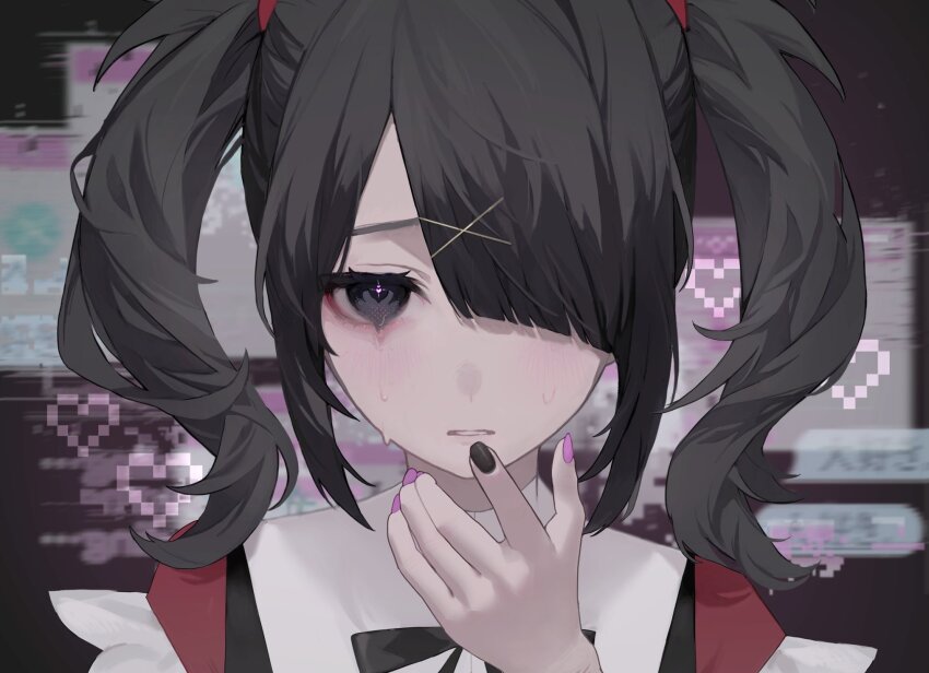 1girl, ame-chan_(needy_girl_overdose), black_eyes, black_hair, black_nails, black_ribbon, collared_shirt, commentary_request, crying, crying_with_eyes_open, hair_ornament, hair_over_one_eye, hair_tie, hand_on_own_face, hand_up, heart, highres, looking_at_viewer, multicolored_nails, nail_polish, neck_ribbon, needy_girl_overdose, parted_lips, pink_nails, pixel_heart, red_shirt, ribbon, sad, shirt, solo, speech_bubble, tears, tsukio_(o_tukio), twintails, upper_body, x_hair_ornament