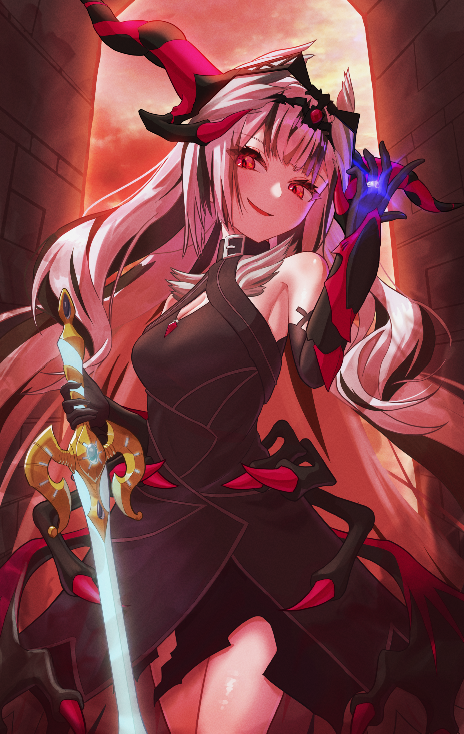 1girl, bare_shoulders, black_choker, black_dress, black_gloves, black_hair, blunt_bangs, breasts