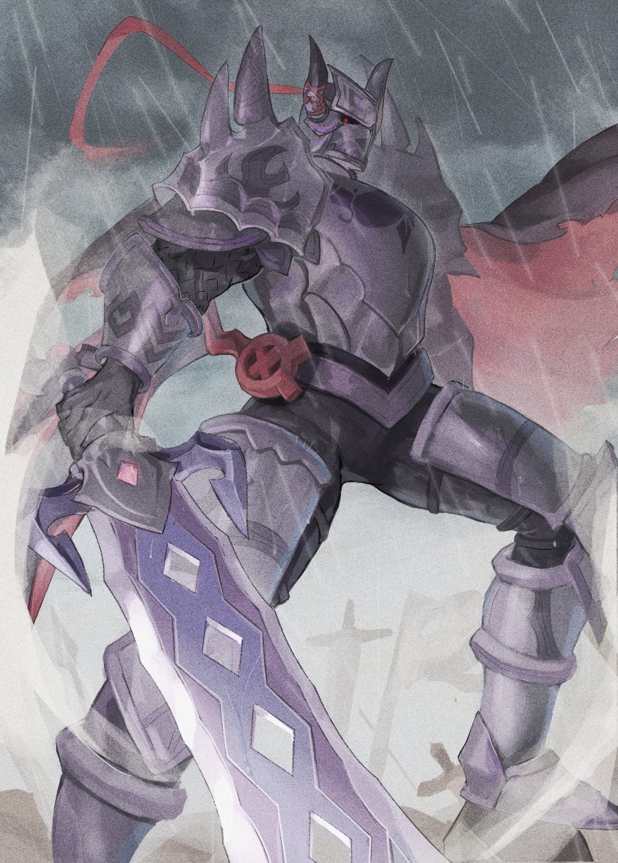 1boy, armor, berserker_(dragalia_lost), black_cape, cape, cloud, commentary, dark_cloud, dragalia_lost, fake_horns, flag, from_below, helmet, highres, holding, holding_sword, holding_weapon, horned_helmet, horns, looking_at_viewer, male_focus, pauldrons, planted, planted_polearm, planted_sword, planted_weapon, polearm, purple_armor, rain, re_(pixiv_89203939), spear, spiked_pauldrons, spikes, sword, untranslatable_commentary, torn_flag, weapon