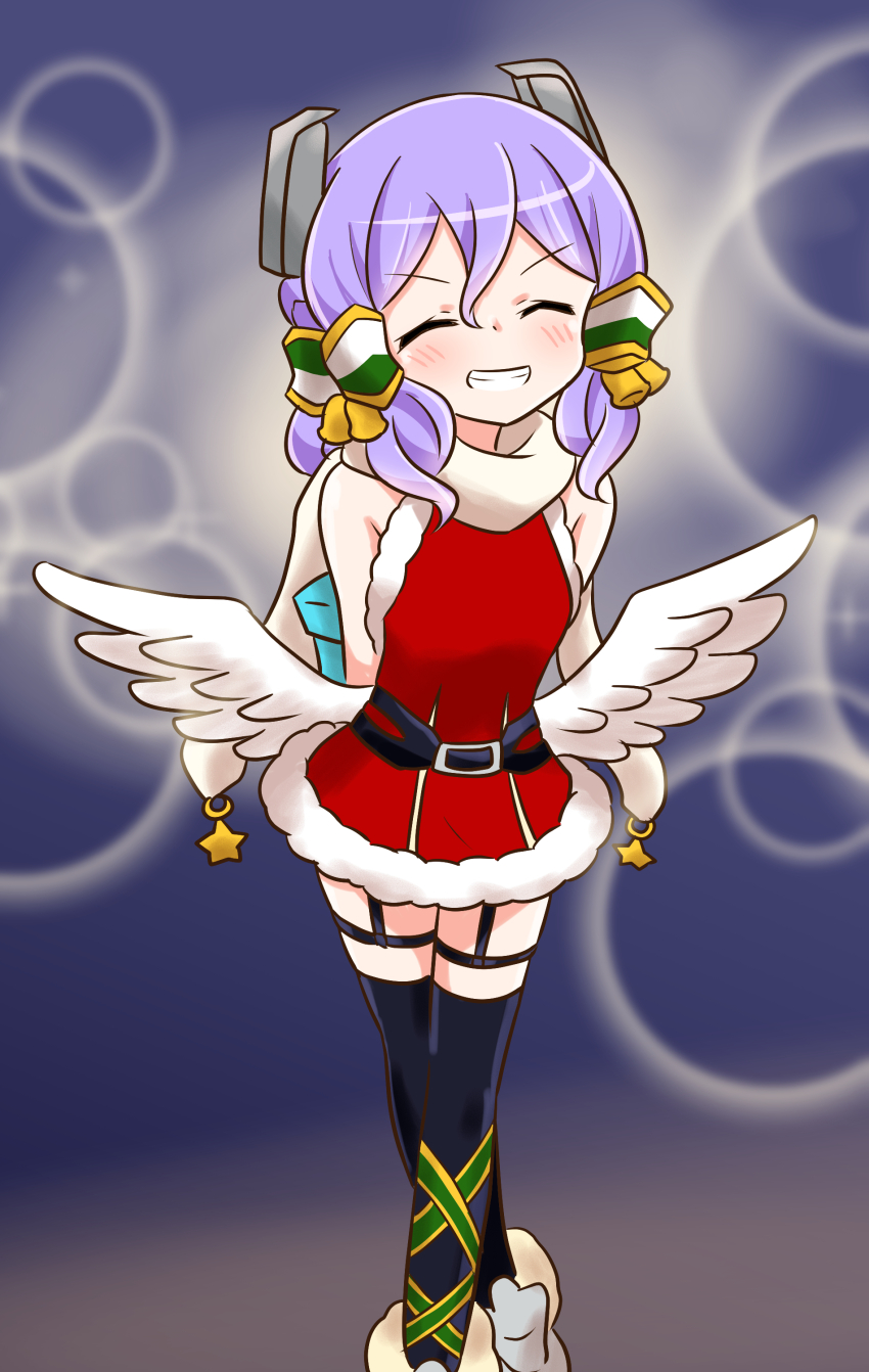 1girl, absurdres, angel_wings, black_thighhighs, dress, feet_out_of_frame, fur-trimmed_dress, fur_trim