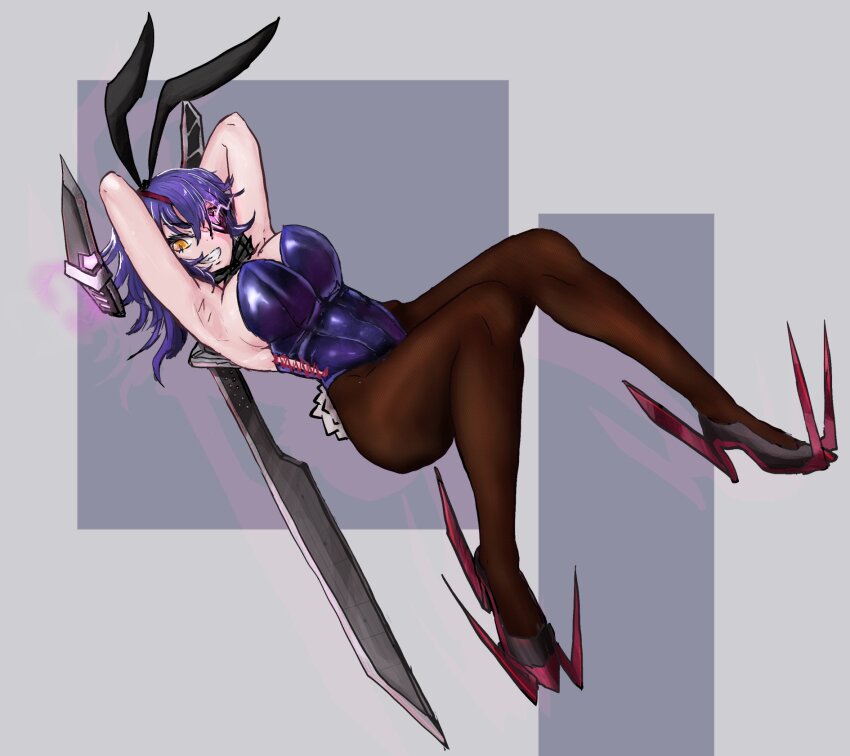 1girl, animal_ears, black_leotard, black_pantyhose, bow, bowtie, breasts, eyepatch