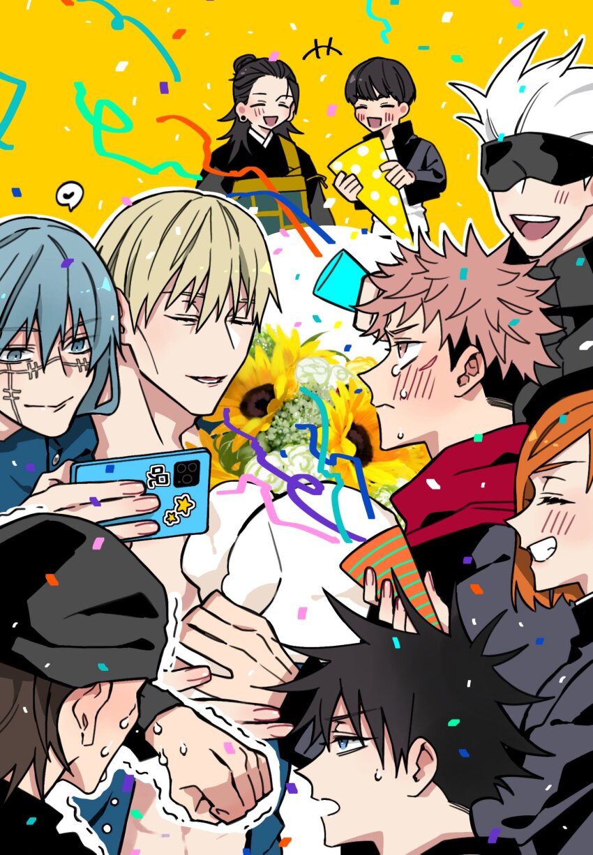 1girl, 6+boys, :d, ^_^, beanie, black_hair, black_headwear, black_jacket