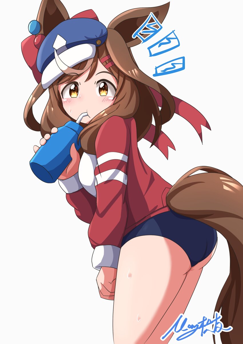 1girl, absurdres, alternate_costume, animal_ears, ass, bottle, brown_hair, buruma, drinking, good_ass_day, hat, highres, horse_ears, horse_girl, jacket, looking_at_viewer, matikanetannhauser_(umamusume), matty_(matsutomo), ribbon, simple_background, solo, track_jacket, umamusume, water_bottle, white_background, yellow_eyes