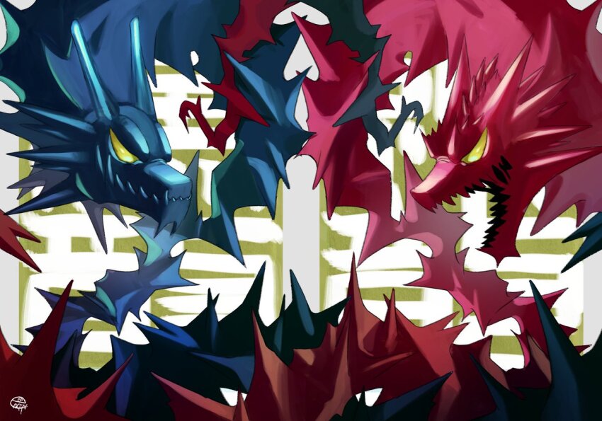 2others, amon_(digimon), digimon, dragon, energy, horns, japanese_text, looking_at_another