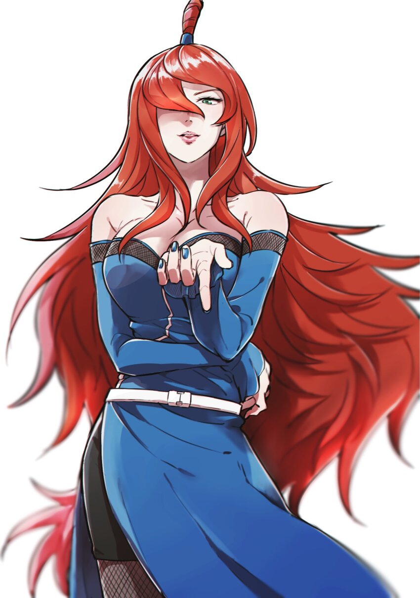 1girl, absurdly_long_hair, bare_shoulders, breasts, brown_hair, cleavage, collarbone, contrapposto, cowboy_shot, facing_viewer, fishnets, from_below, goma1132, green_eyes, hair_over_one_eye, highres, large_breasts, lips, long_hair, looking_at_viewer, nail_polish, naruto_(series), naruto_shippuuden, pantyhose, seductive_smile, simple_background, smile, solo, standing, terumi_mei, upper_body, very_long_hair, white_background