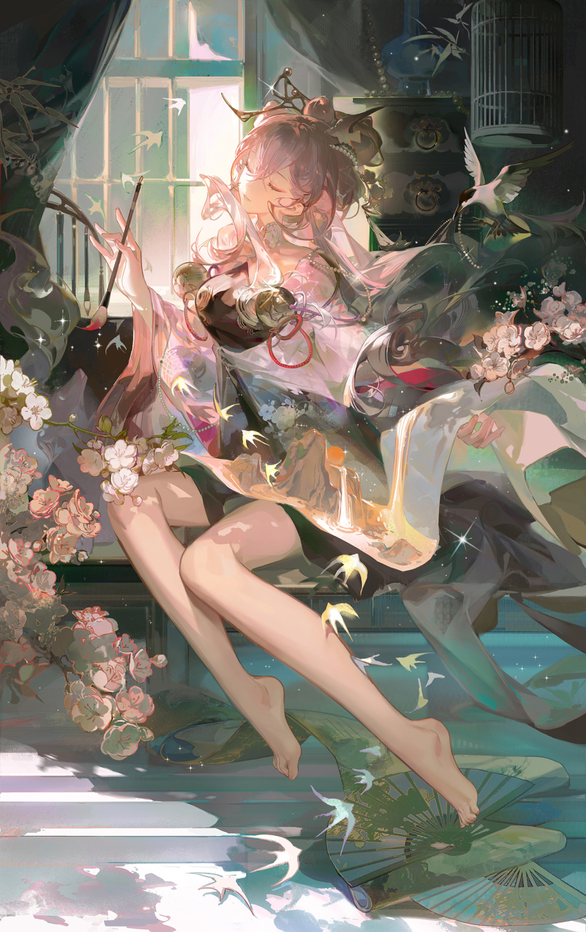 1girl, barefoot, bird, birdcage, cage, calligraphy_brush, closed_eyes, crossed_bangs, flower, hair_between_eyes, hair_ornament, highres, holding, holding_calligraphy_brush, holding_paintbrush, long_hair, onmyoji, onmyoji:_the_card_game, paintbrush, parted_lips, pearl_hair_ornament, pink_hair, ruoganzhao, shiki_(onmyoji), sitting, solo, white_flower, wide_sleeves