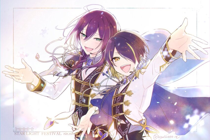 2boys, ahoge, aqua_eyes, ayase_mayoi, blonde_hair, blush, braid, ensemble_stars!