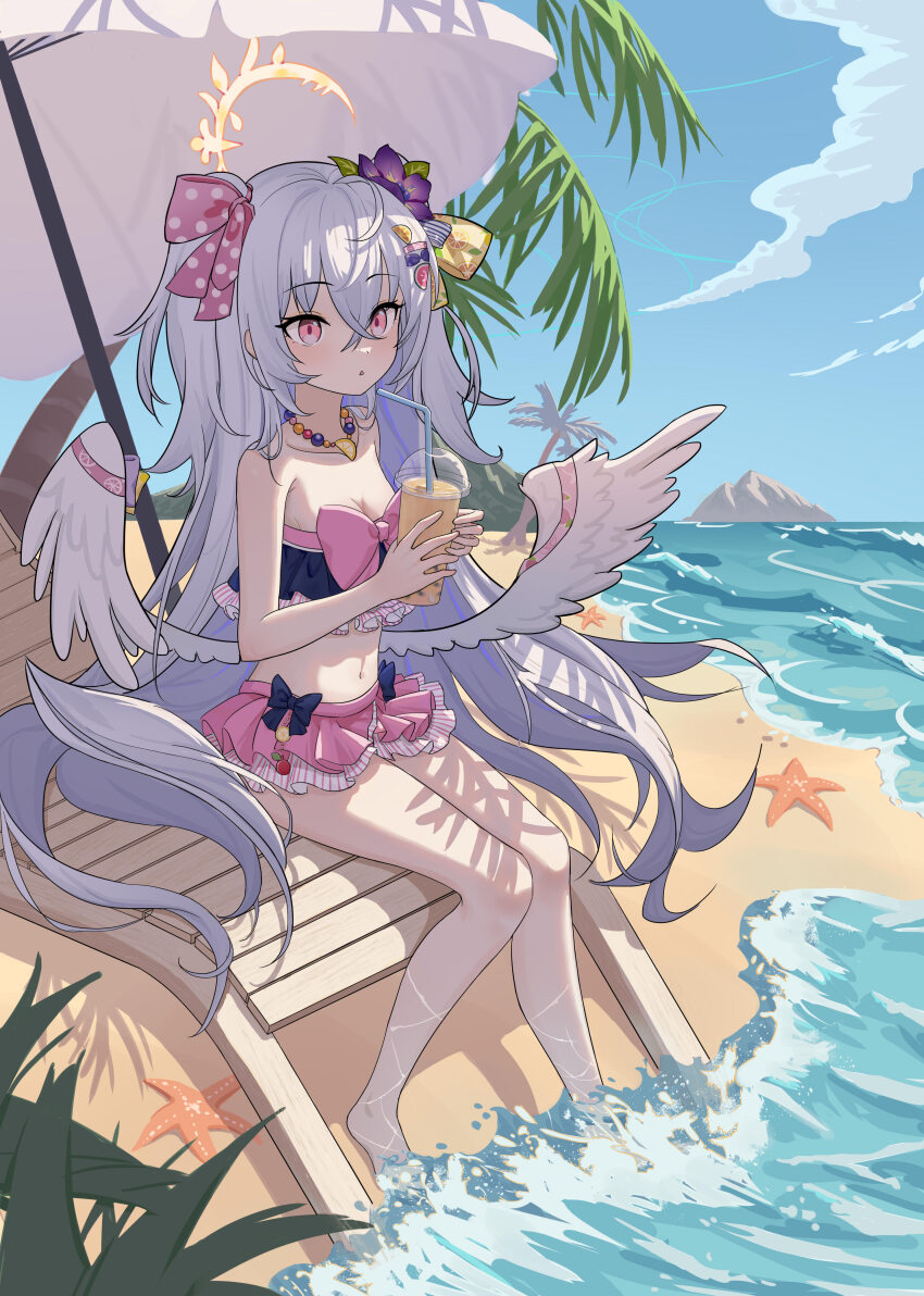 1girl, absurdres, angel_wings, animal, azusa_(blue_archive), azusa_(swimsuit)_(blue_archive), bare_arms, bare_shoulders