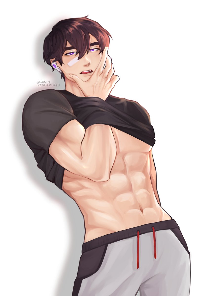 1boy, abs, black_hair, black_shirt, character_request, clothes_lift, commentary, english_commentary, g0mmi, grey_pants, guilty_challenge_(meme), highres, male_focus, meme, muscular, muscular_male, navel, pants, purple_eyes, shirt, shirt_lift, short_hair, simple_background, solo, stomach, valorant, white_background