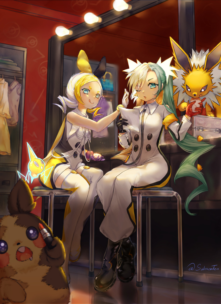 2girls, ;o, absurdres, black_gloves, boots, buttons, commentary, dressing_room, electric_miku_(project_voltage), eyelashes, gen_1_pokemon, gen_4_pokemon, gen_8_pokemon, gloves, glowing, green_eyes, green_hair, halloween_morpeko_kagamine_rin_(project_voltage), hands_up, hatsune_miku, highres, holding, holding_paper, indoors, jolteon, jumpsuit, kagamine_rin, light_bulb, long_hair, long_sleeves, mirror, morpeko, morpeko_(full), multiple_girls, necktie, nintendo, one_eye_closed, paper, pokemon, pokemon_(creature), project_voltage, rotom, rotom_(normal), salmontea, sitting, stool, thigh_boots, twintails, vocaloid