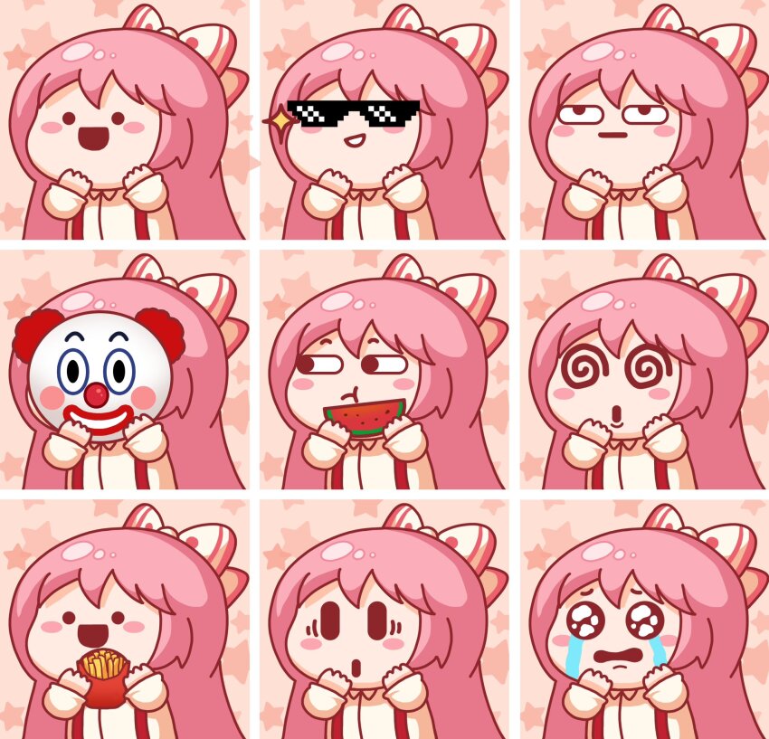 1girl, :o, @_@, bow, chibi, clown_mask, crying, crying_with_eyes_open, eating, expression_chart, food, french_fries, fruit, fujiwara_no_mokou, hair_bow, highres, jokanhiyou, mask, pink_hair, serious, shirt, smile, sunglasses, suspenders, tears, touhou, watermelon, white_shirt, xiaohongshu
