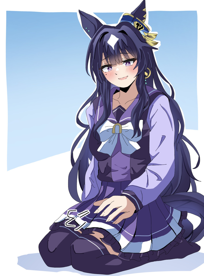 1girl, amakaze16, animal_ears, blue_hair, breasts, collarbone, dark_blue_hair, earrings