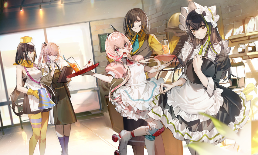 5girls, absurdres, apron, black_hair, breasts, cafe, drinking_straw, eyepatch, girls'_frontline, gloves, green_hair, grey_eyes, hair_between_eyes, highres, long_hair, looking_at_viewer, m16a1_(fairy_kingdom_brew)_(girls'_frontline), m16a1_(girls'_frontline), m4_sopmod_ii_(girls'_frontline), m4_sopmod_ii_(racing_parfait)_(girls'_frontline), m4a1_(fluffy_fruit_tea)_(girls'_frontline), m4a1_(girls'_frontline), maid, maid_apron, medium_breasts, megaphone, menu_board, multicolored_hair, multiple_girls, official_alternate_costume, official_art, one_side_up, orange_hair, pink_hair, purple_hair, red_eyes, red_hair, ro635_(girls'_frontline), ro635_(sakura_milkshake)_(girls'_frontline), roller_skates, scar, scar_on_face, skates, st_ar-15_(girls'_frontline), st_ar-15_(owl_latte)_(girls'_frontline), streaked_hair, tray, waitress, white_hair, yellow_gloves