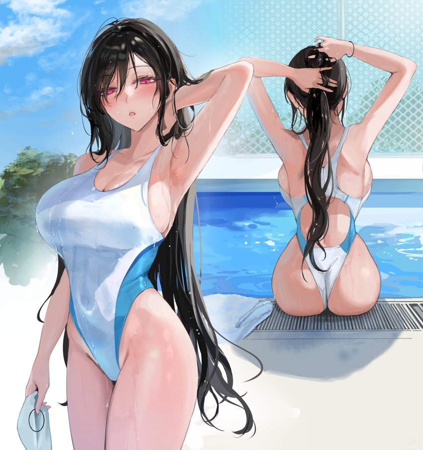 1girl, absurdres, armpits, arms_up, ass, bare_arms, bare_shoulders, black_hair