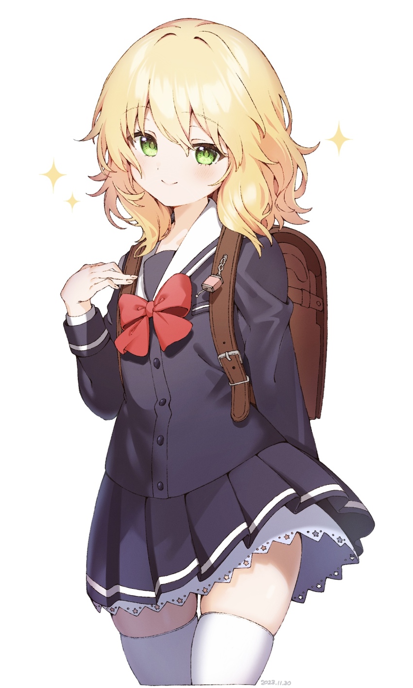 1girl, backpack, bag, blonde_hair, blue_jacket, blue_skirt, blush, crime_prevention_buzzer