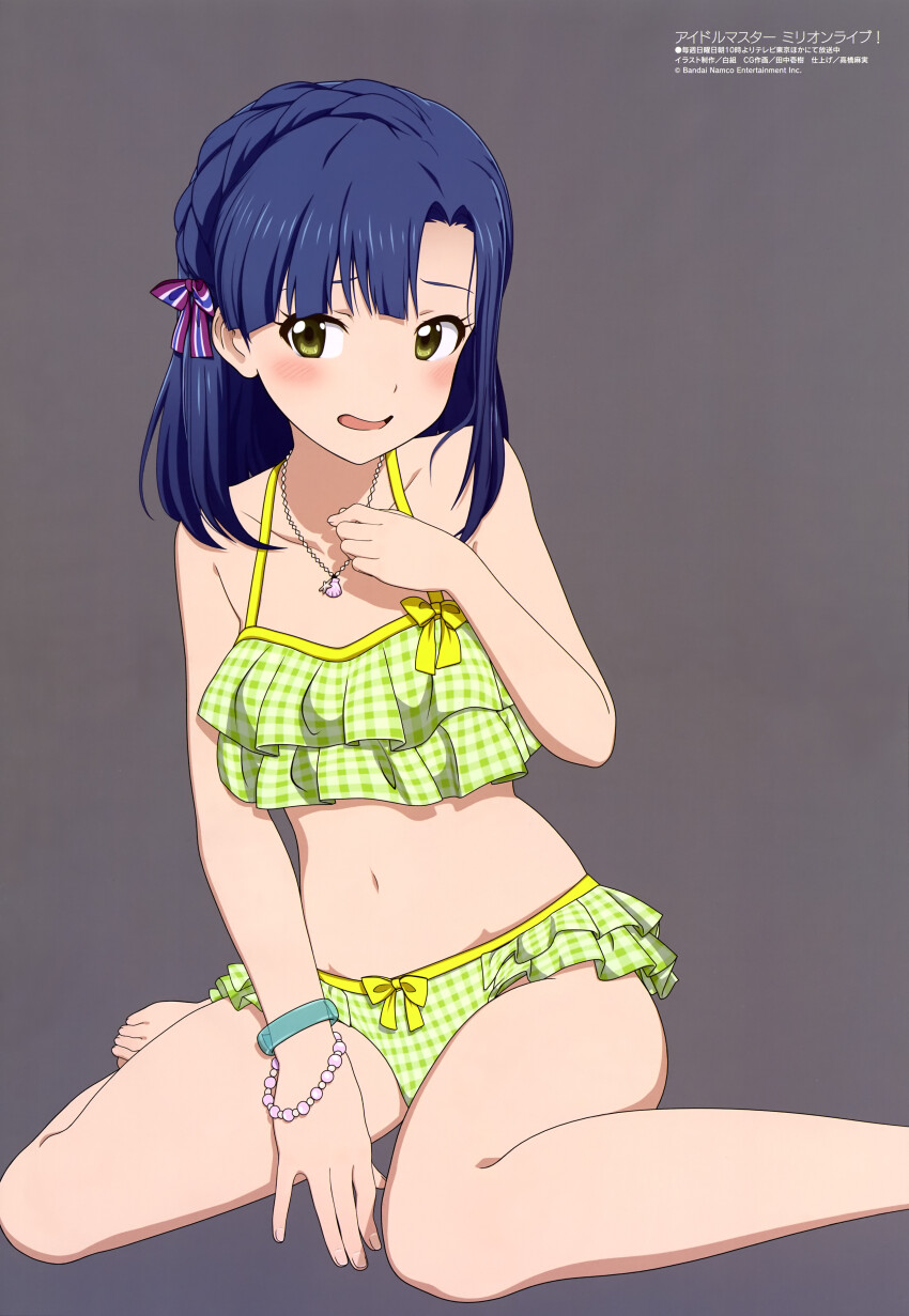 1girl, absurdres, bare_legs, bikini, blue_hair, blush, bracelet, braid, collarbone, frilled_bikini, frills, green_bikini, grey_background, hair_ribbon, highres, idolmaster, idolmaster_million_live!, jewelry, looking_at_viewer, medium_hair, megami_magazine, nanao_yuriko, navel, necklace, official_art, open_mouth, ribbon, scan, shirogumi_inc., simple_background, sitting, solo, swimsuit, toes, wariza, yellow_eyes