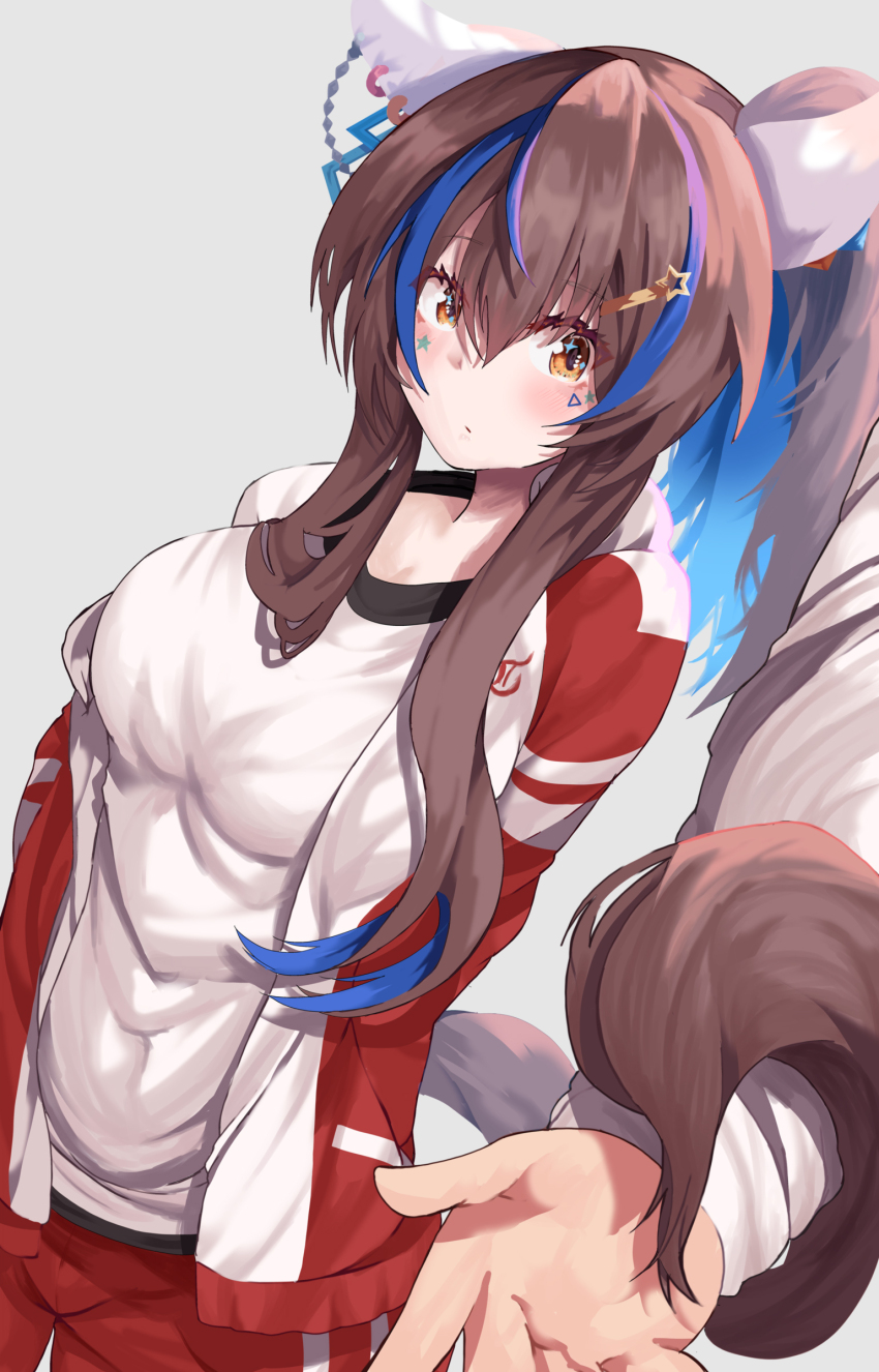 1girl, 1other, absurdres, animal_ears, blue_hair, bonkareohagi, breasts, brown_hair