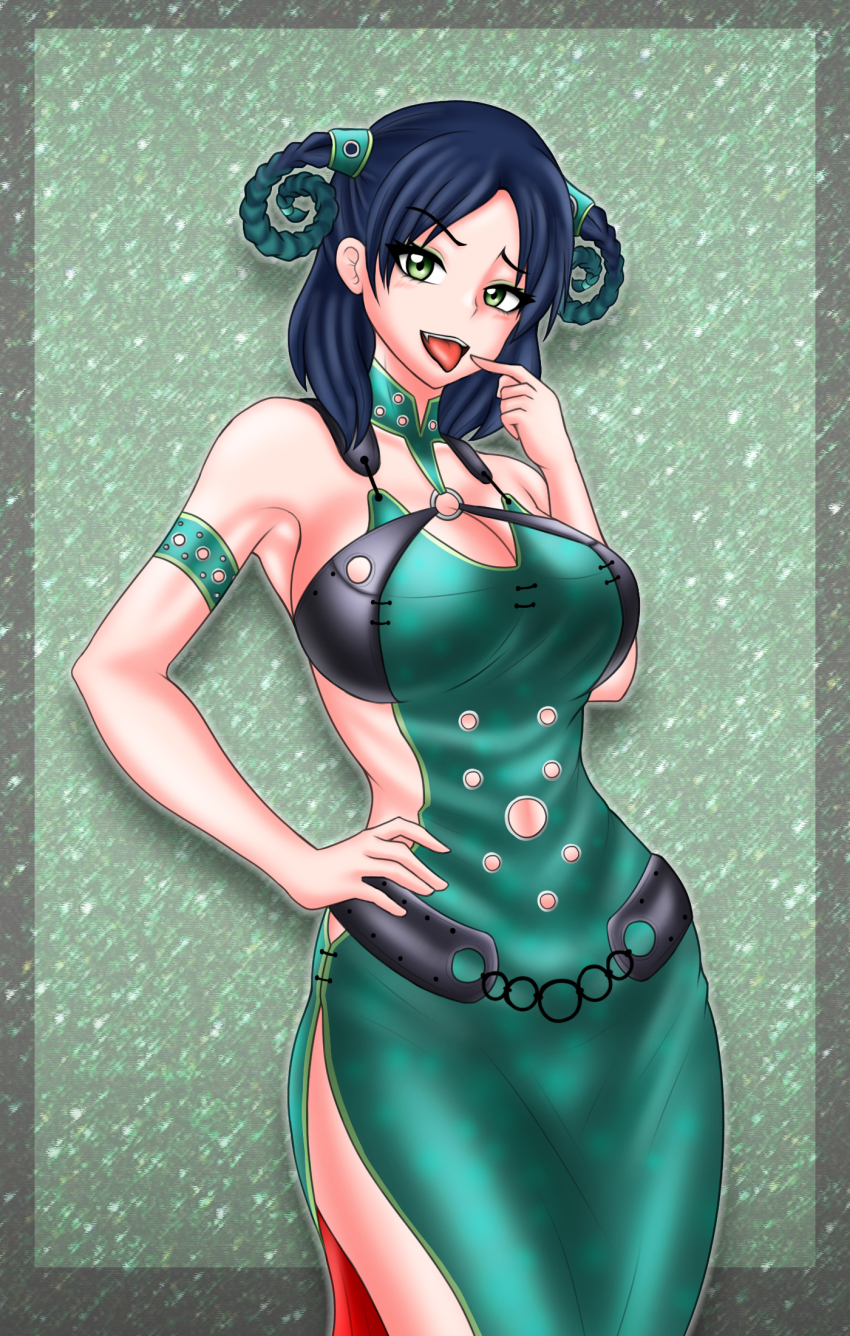 1girl, black_hair, breasts, china_dress, chinese_clothes, cleavage, dress, green_eyes