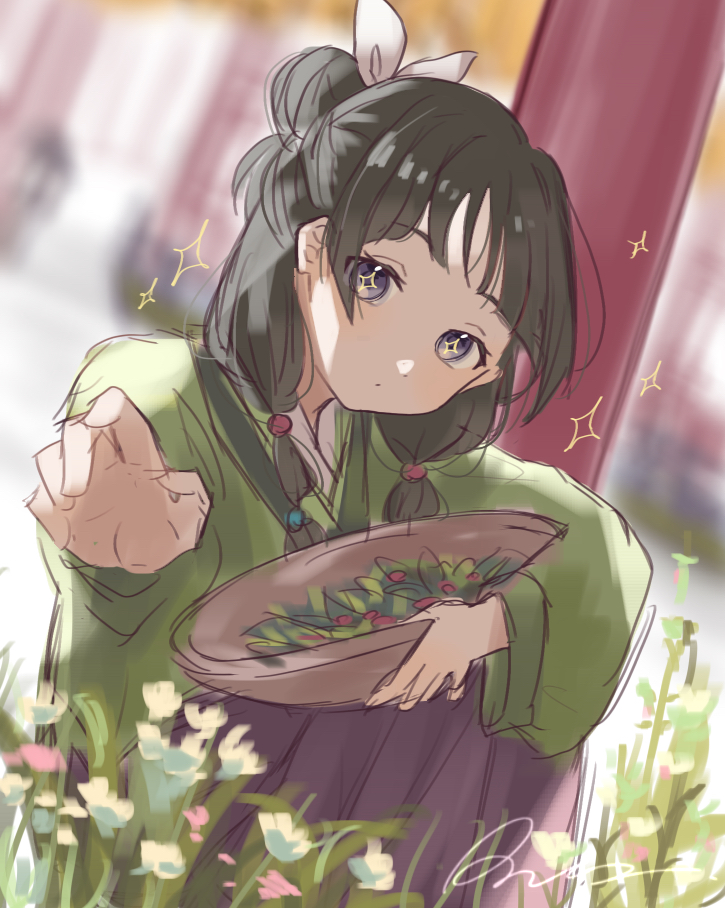 +_+, 1girl, black_hair, blurry, blurry_background, bow, bowl, chinese_clothes