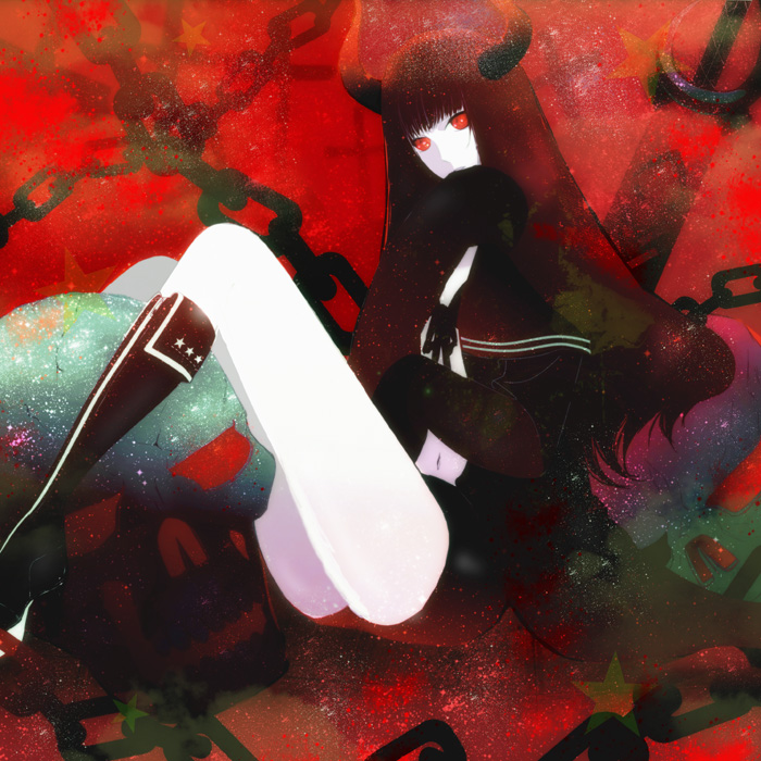 10s, 1girl, bad_id, bad_pixiv_id, black_gold_saw, black_hair, black_rock_shooter, boots, coat, female_focus, horns, king_saw, long_hair, okurabaakaa, red_eyes, solo, sword, weapon