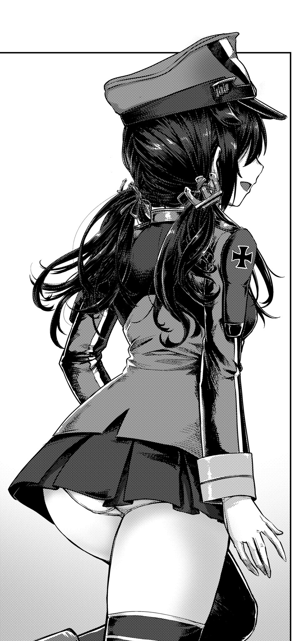 1girl, anchor_hair_ornament, ass, cosplay, cowboy_shot, cross, from_behind, gouta_(nagishiro6624)