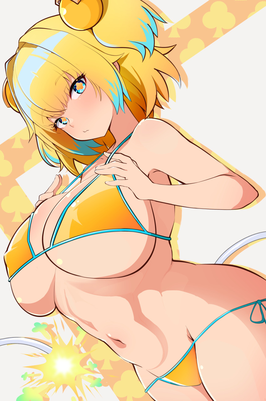 +_+, 1girl, bikini, blonde_hair, blue_eyes, blush, bombergirl, breasts, cleavage, clover-shaped_pupils, club_(shape), collarbone, commentary_request, da_(da_3939), fuse, fuse_tail, highres, large_breasts, lit_fuse, looking_at_viewer, multicolored_hair, navel, oppai_loli, pine_(bombergirl), short_hair, side-tie_bikini_bottom, solo, swimsuit, symbol-shaped_pupils, tail, twintails, two-tone_hair, white_background, yellow_bikini, yellow_pupils