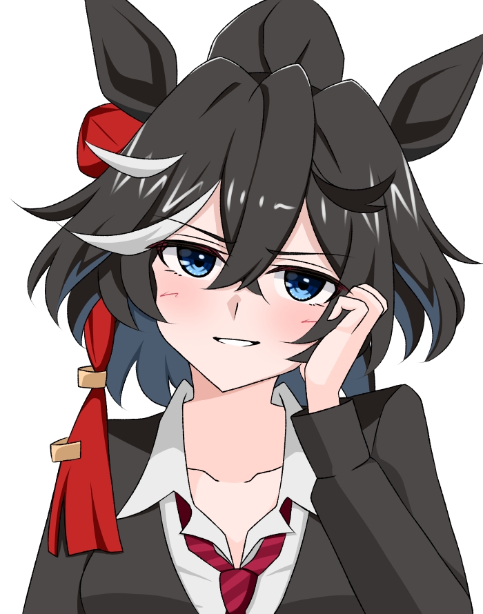 1girl, alternate_costume, animal_ears, black_jacket, blue_eyes, blush, collared_shirt, commentary_request