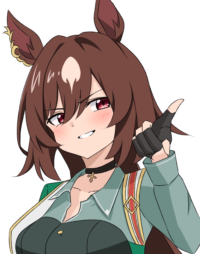 1girl, animal_ears, black_choker, blush, breasts, brown_hair, choker, cleavage, collared_shirt, commentary_request, ear_ornament, fingerless_gloves, gloves, green_jacket, grey_shirt, grin, hair_between_eyes, haru_(pntre25), horse_ears, horse_girl, jacket, long_hair, long_sleeves, medium_breasts, multicolored_hair, pendant_choker, pointing, red_eyes, shirt, simple_background, sirius_symboli_(umamusume), smile, solo, streaked_hair, umamusume, upper_body, white_background, white_hair