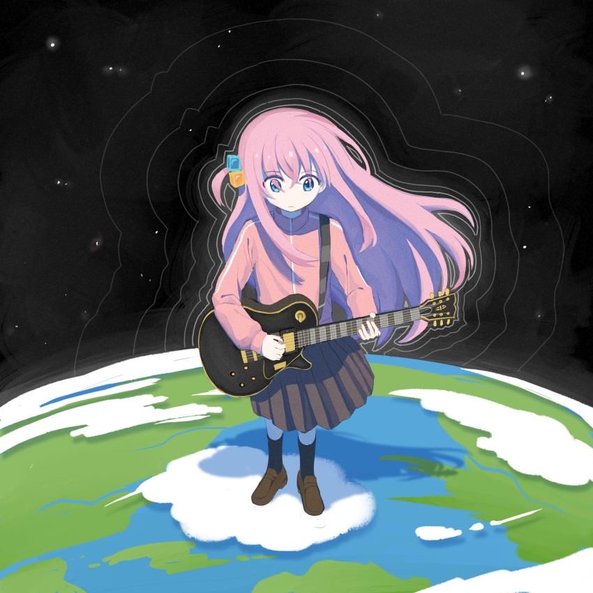 1girl, black_socks, blue_eyes, bocchi_the_rock!, brown_shoes, closed_mouth, commentary_request, cube_hair_ornament, earth_(planet), full_body, garlica, gotoh_hitori, guitar, hair_ornament, highres, holding, holding_instrument, instrument, jacket, long_hair, long_sleeves, music, pink_hair, pink_jacket, planet, playing_instrument, pleated_skirt, shoes, side_ahoge, skirt, socks, solo, standing, star_(sky), track_jacket